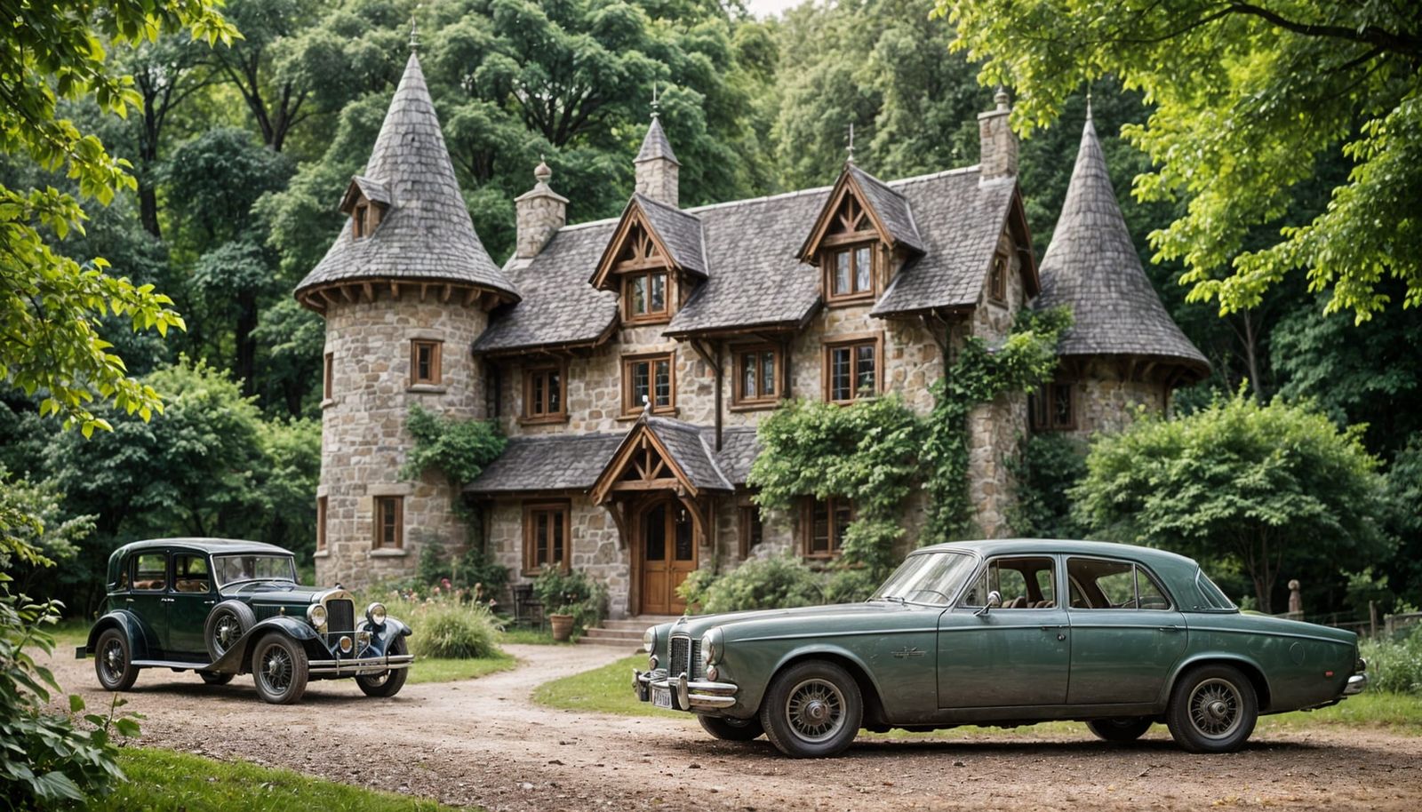 Elegant Antique Cars in Enchanted Forest Setting
