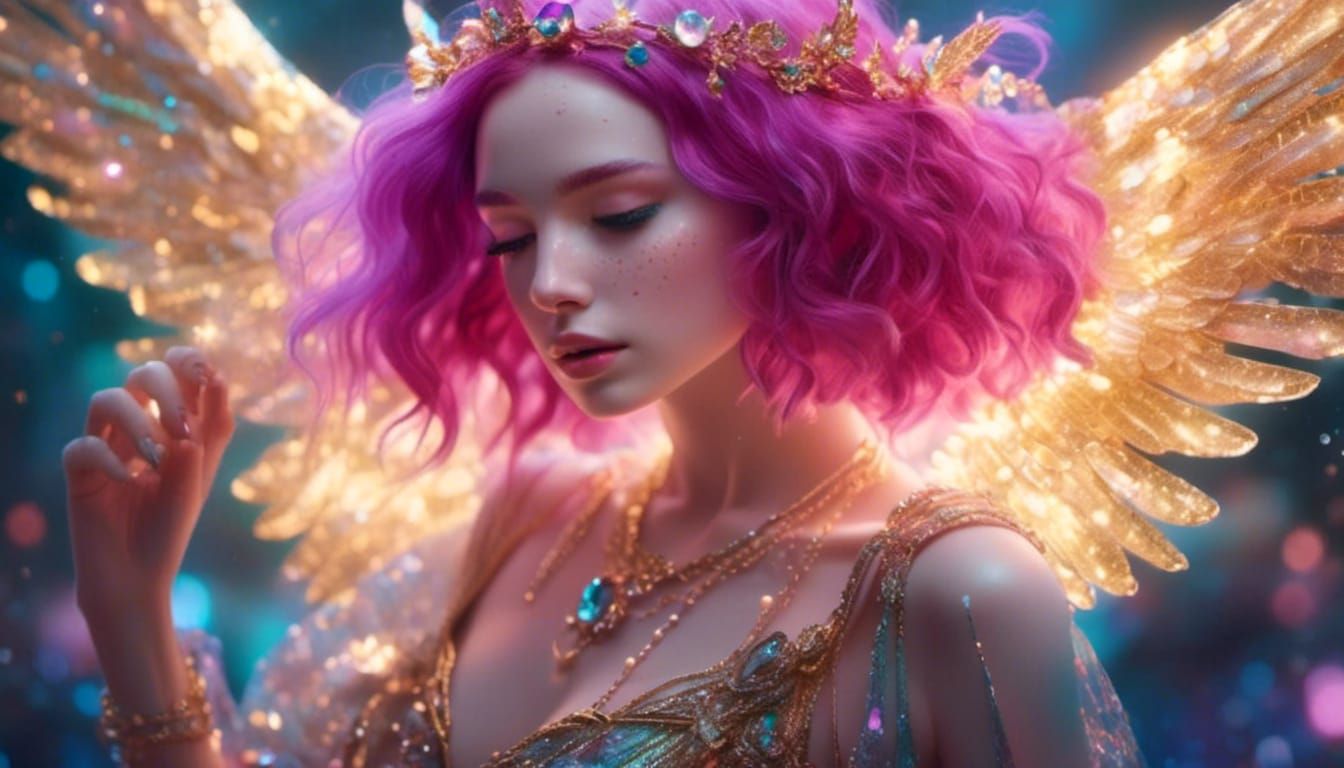 Magenta-Haired Angel with Rainbow Wings, High-Resolution Pho...