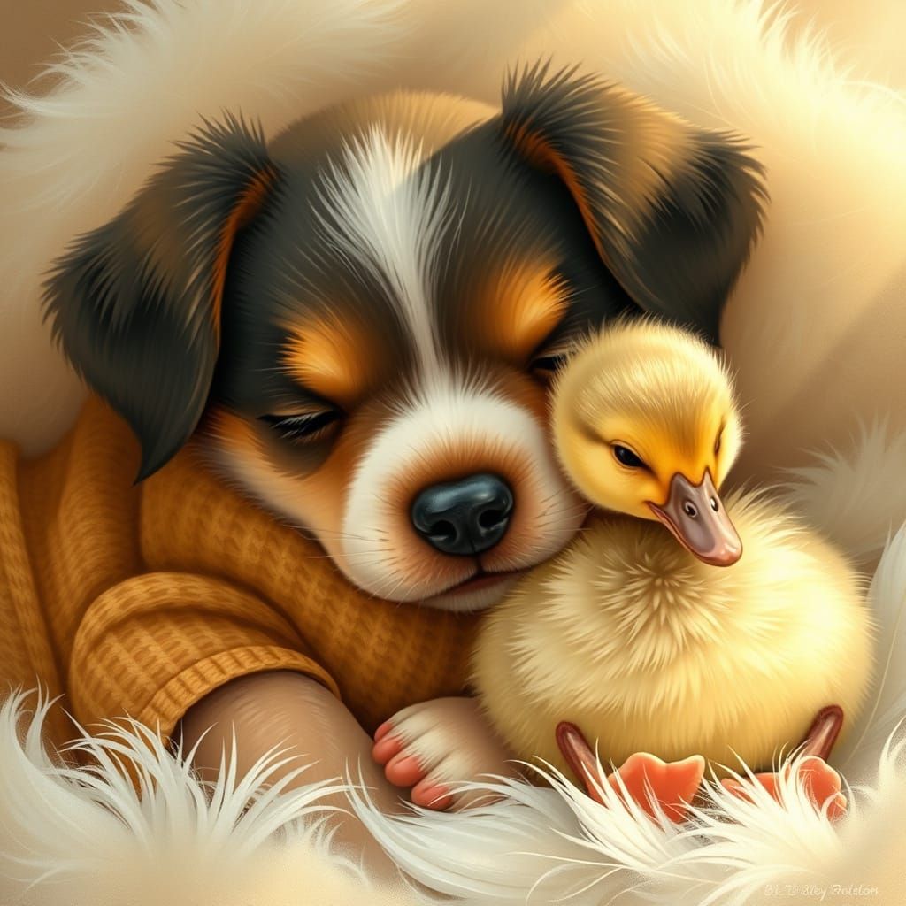 Puppy and Duckling Napping, Storybook Illustration