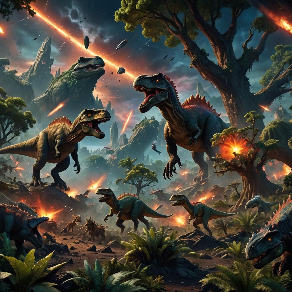 Dinosaurs Flee Asteroids in Prehistoric Landscape