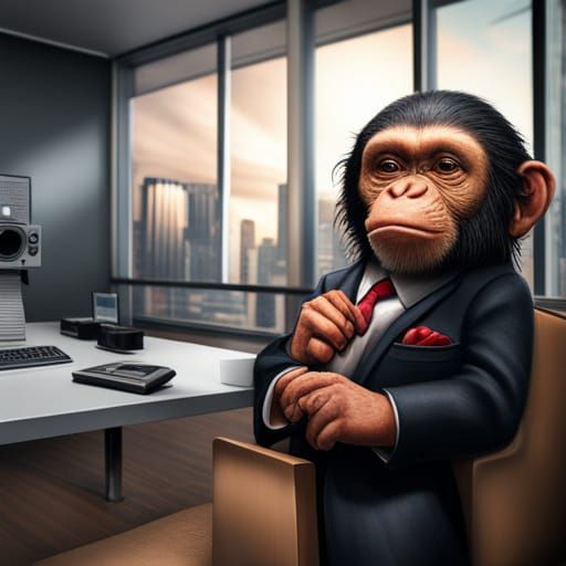 Hyperrealistic Chibi Chimpanzee Executive in Office