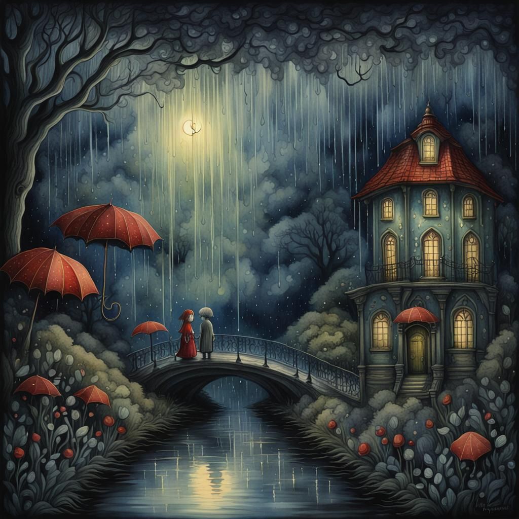 Melancholic Rainy Night in Dark Fantasy Style