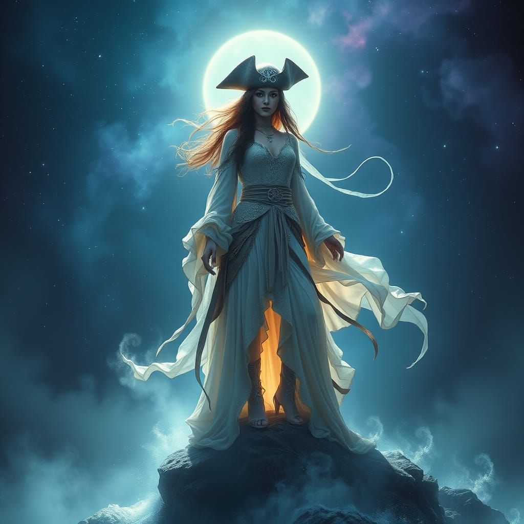 Ethereal Ghost Pirate in Mystical Oceanic Landscape