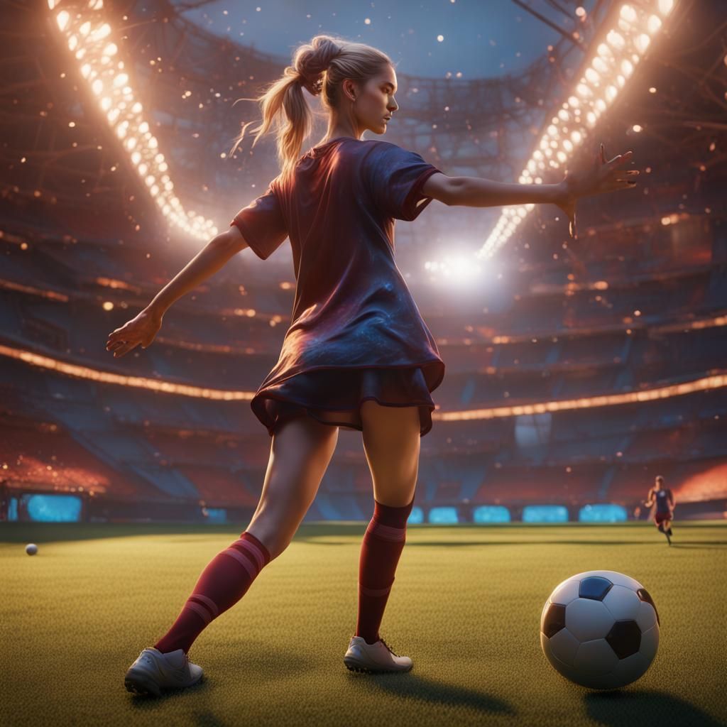 Girl Dancing While Playing Soccer in Matte Painting Style