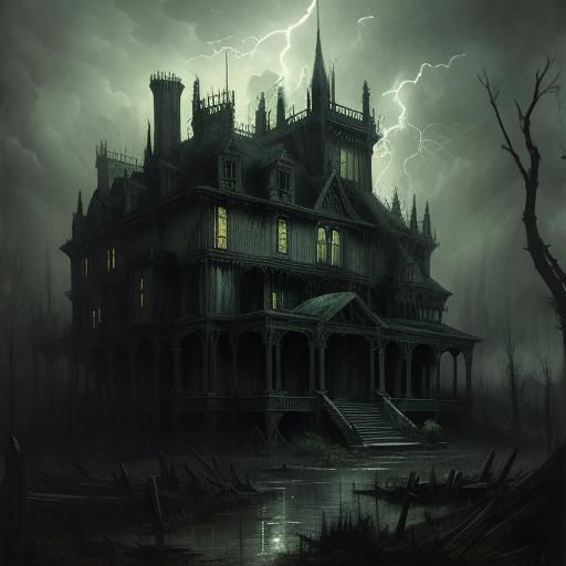 Haunted House in Stormy Woods: Horror Illustration