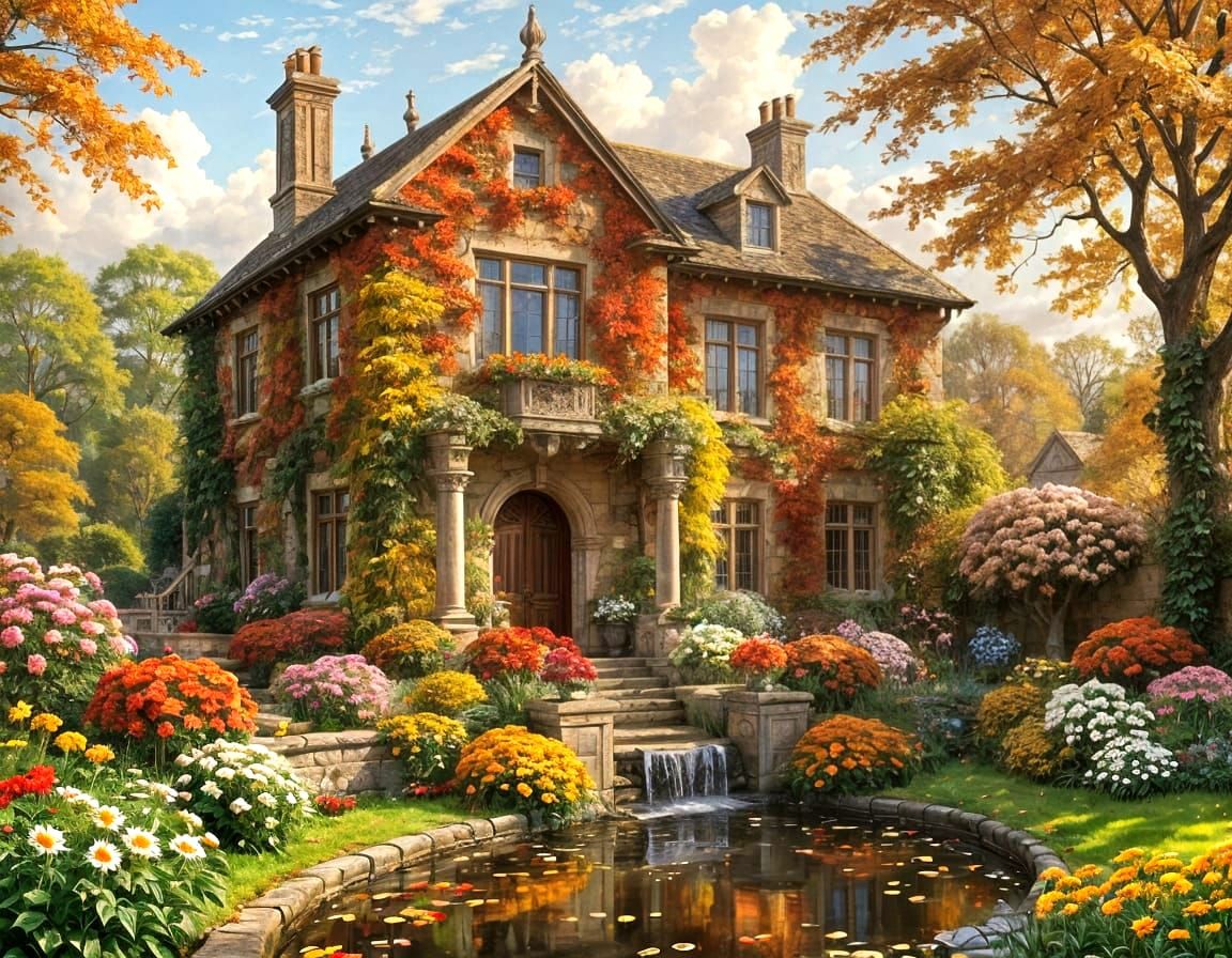 Autumn English Manor House with Vibrant Gardens