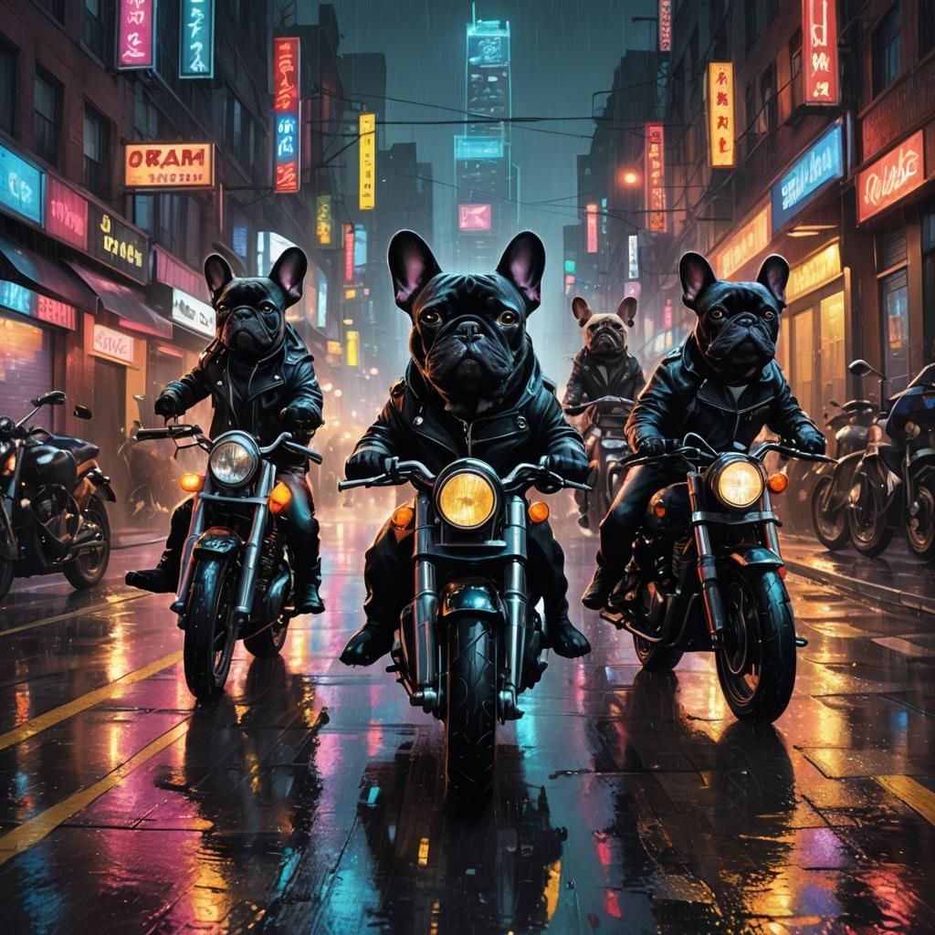 French Bulldogs Ride Motorbikes in Neon Noir