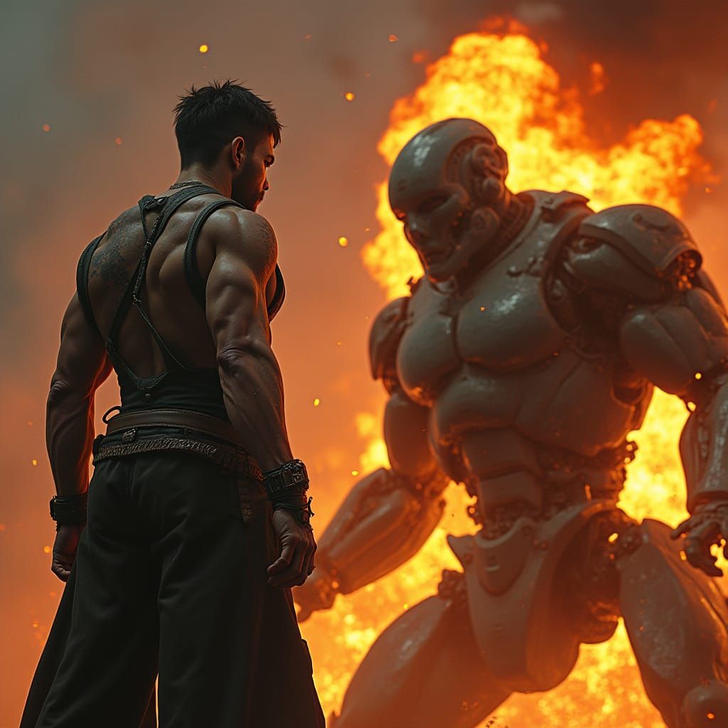 Cyberpunk Hero Battles AI Robot in Inferno