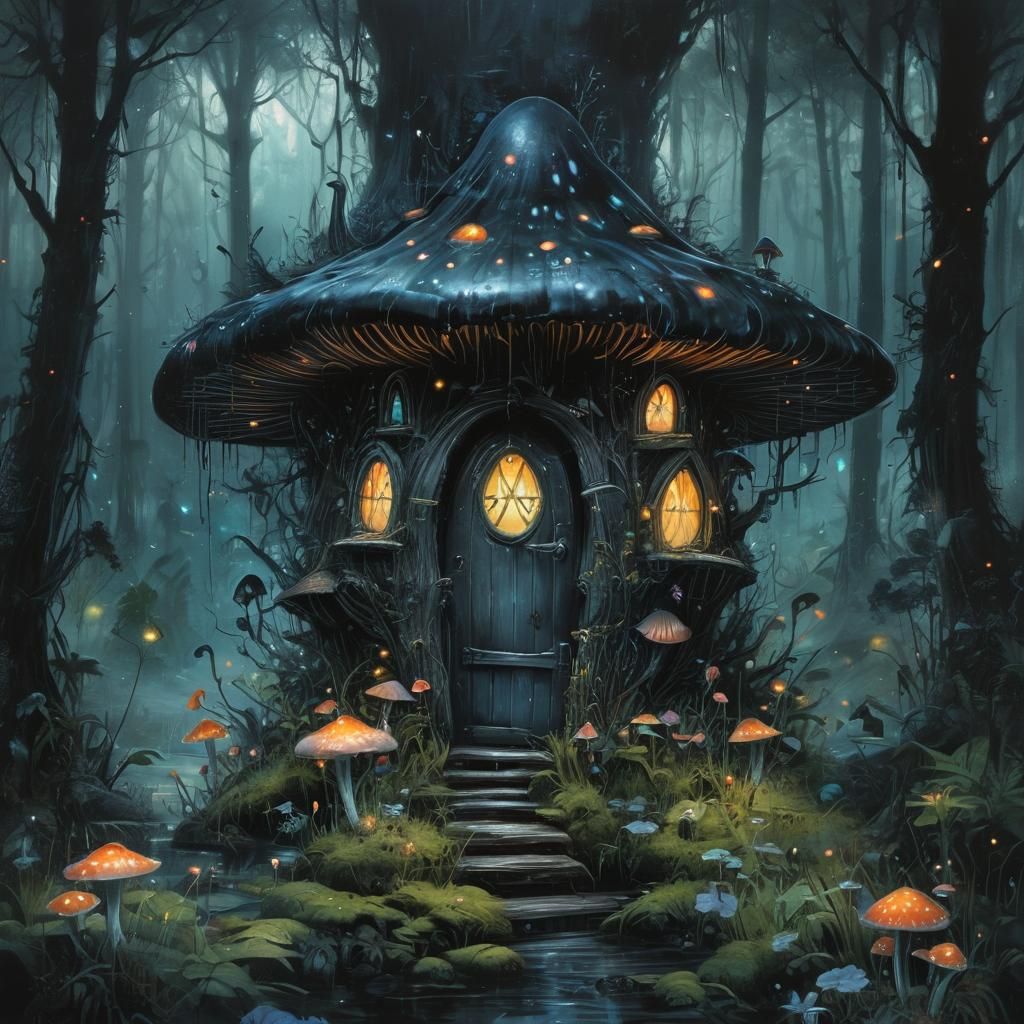 Enchanted Mushroom House in Bioluminescent Forest