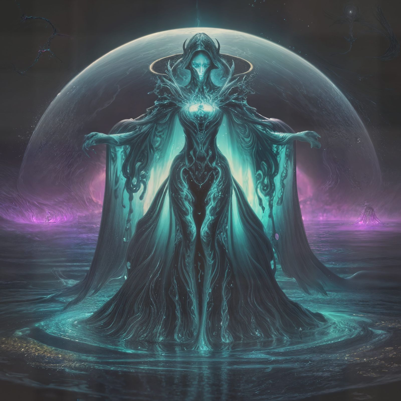 Mysterious Liquid Woman in Fluid Cosmic Realm