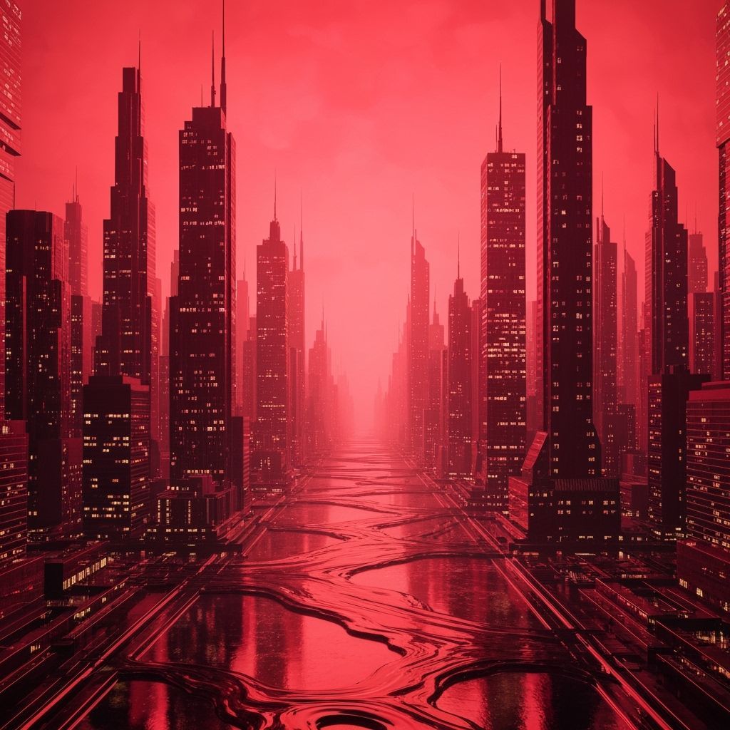 Surreal Red Cityscape in Geometric Fauvism Style