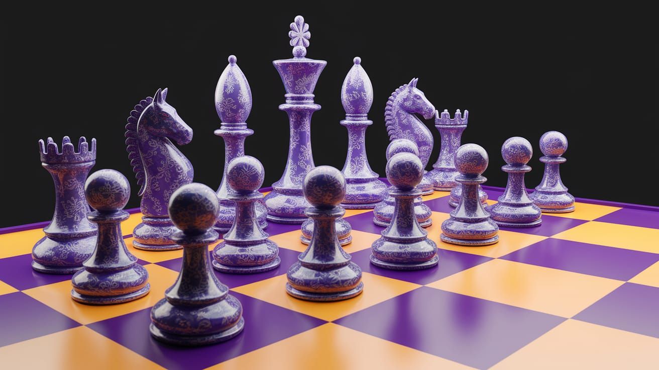 Elegant Floral Wedgwood Chess Set on Vibrant Purple Orange B...