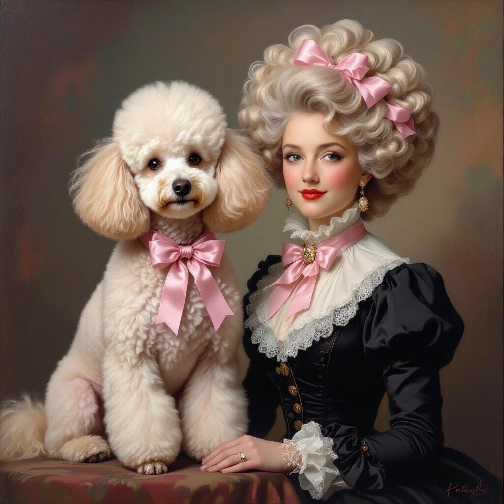 Victorian Lady and Poodle Portrait in Soft Rosy Light