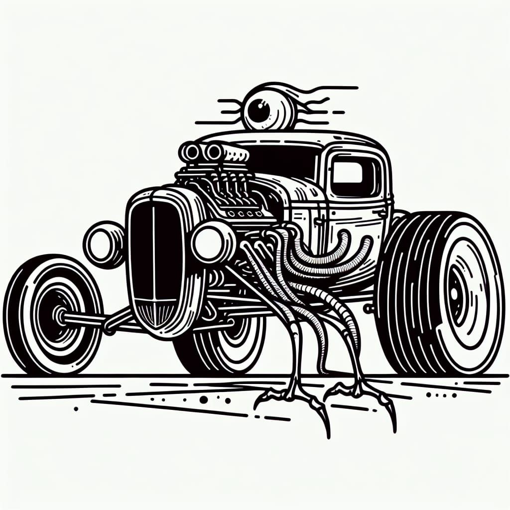 Minimalist Hot Rod Monster Line Art