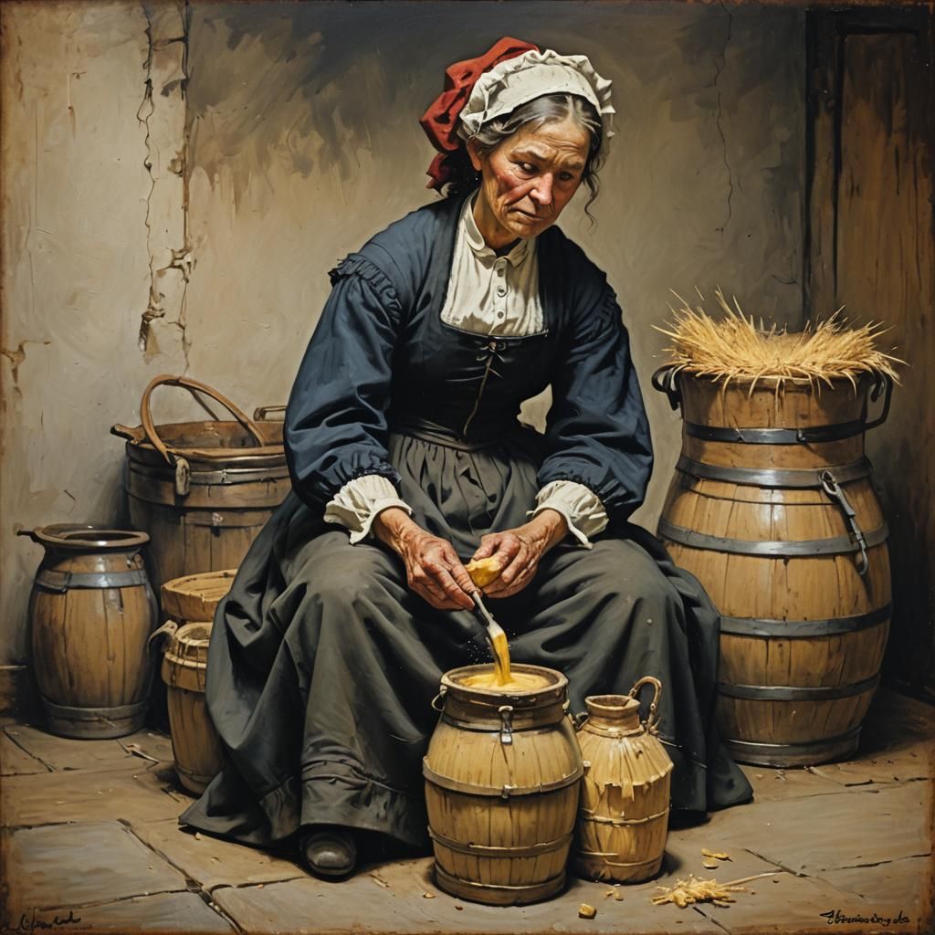 Amish Woman Churning Butter, Rembrandt-Style Oil Painting