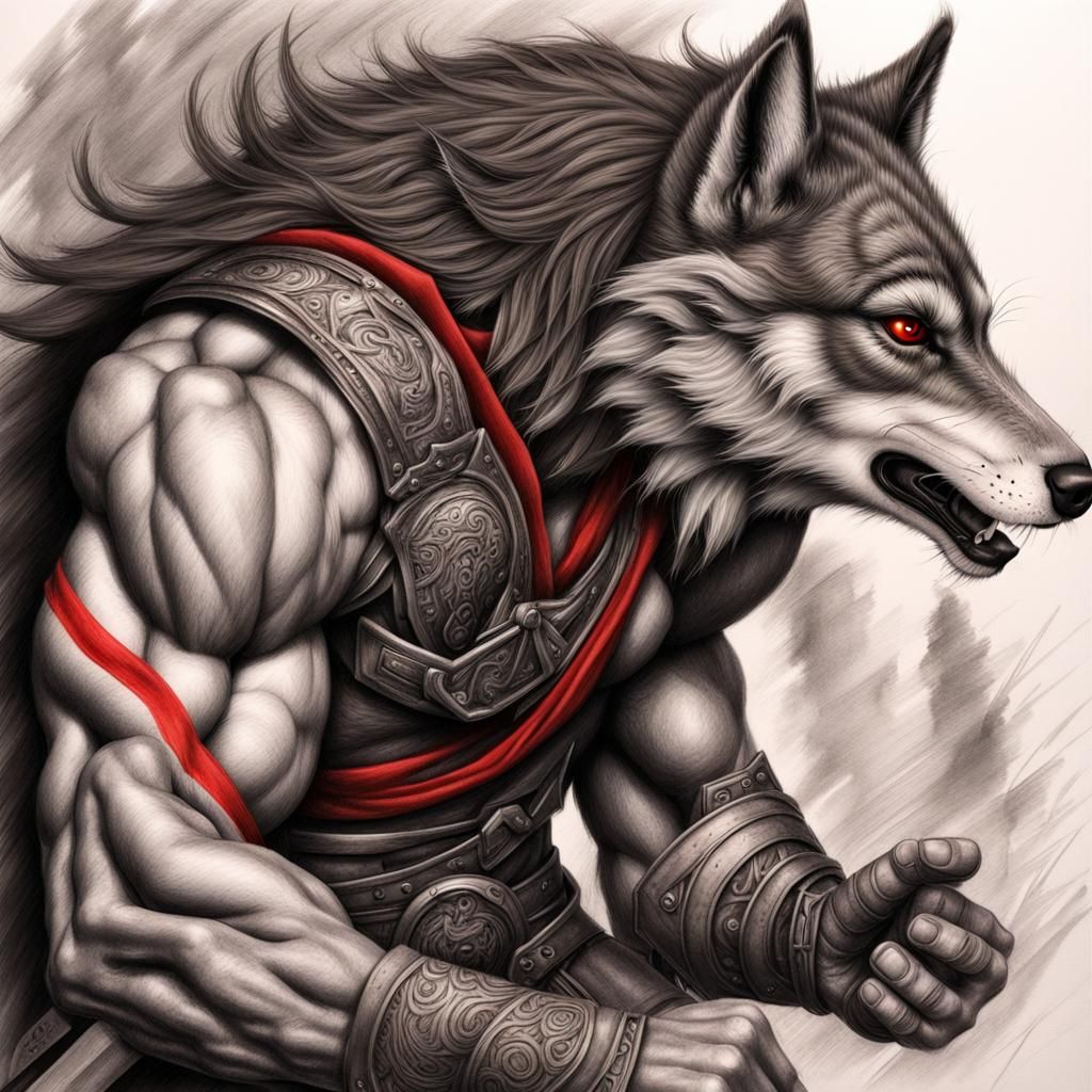 Muscular Warrior and Wolf in Burtonesque Charcoal Drawing