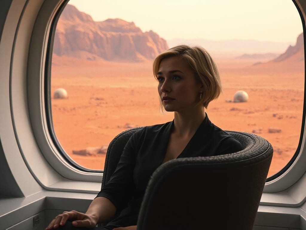 Crying Woman in Futuristic Room Gazes at Earth Photo