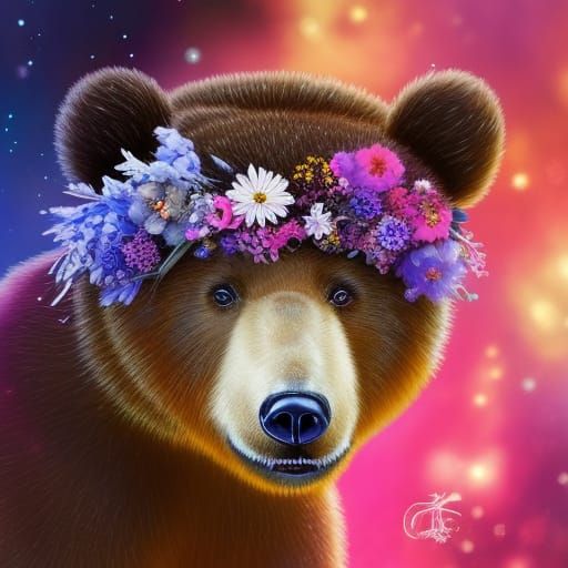Floral Chibi Bear Close-Up: Detailed Sci-Fi Illustration