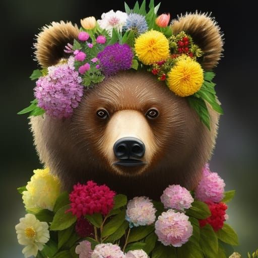 Floral Chibi Bear Close-Up: Hyperdetailed Magical Portrait
