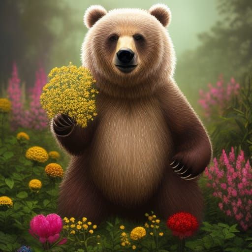 Floral Chibi Bear Close-Up: Sci-Fi Digital Art