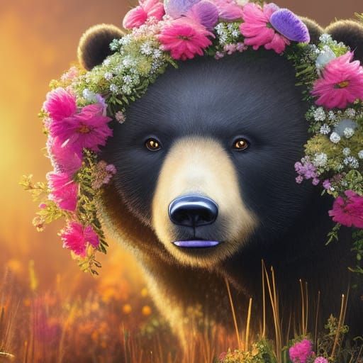 Adorable Chibi Flower Bear Close-Up: Hyperdetailed Floral Po...