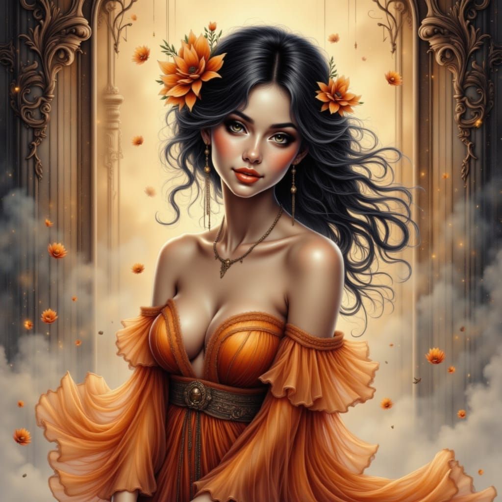 Gothic Woman in Silk, Radiant and Luminous in Art Deco Light...