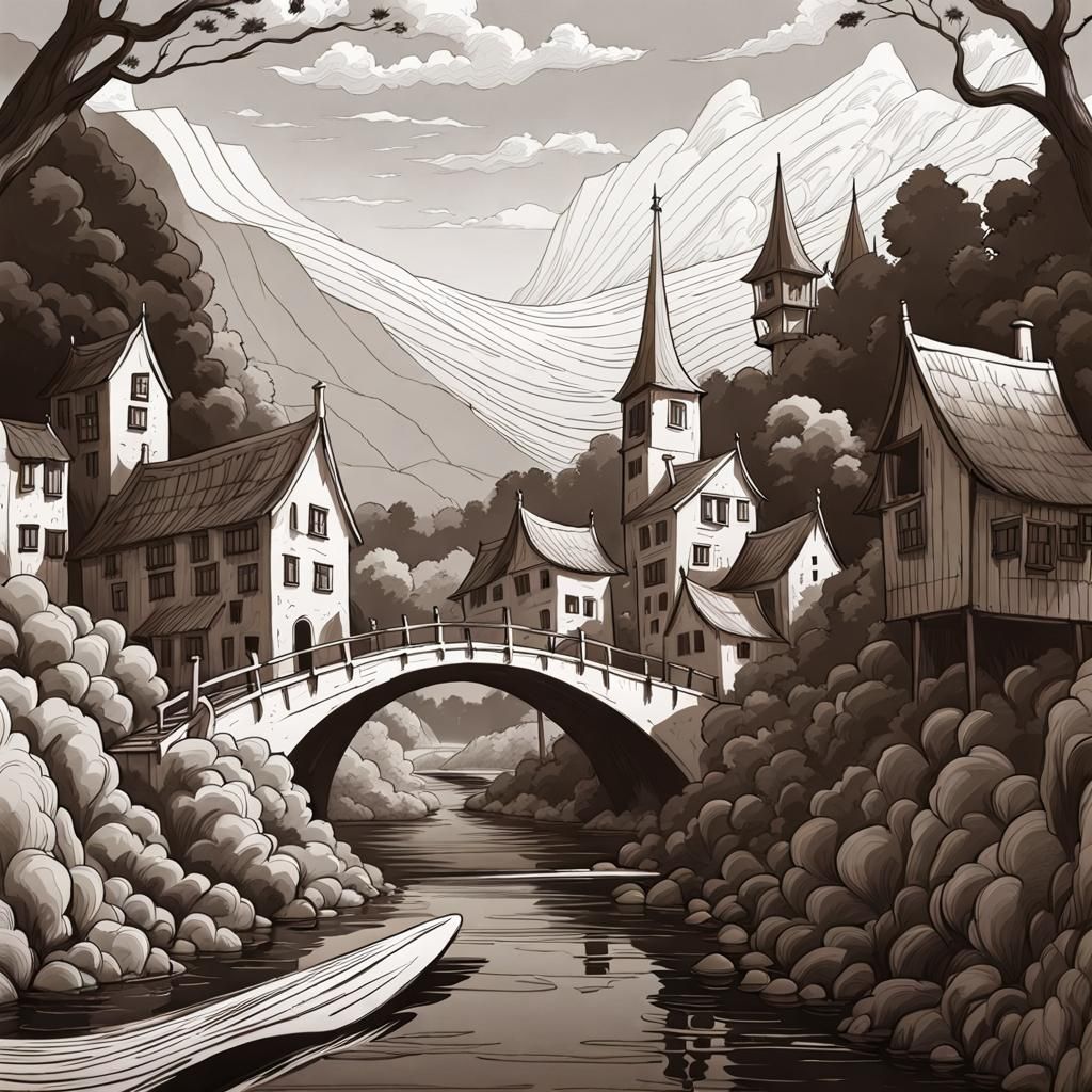 Line drawing, village at a river, medevial bridge #3