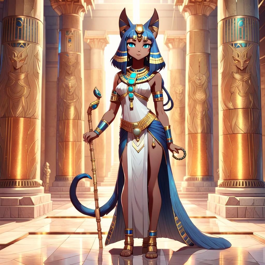 Goddess Bastet in Anime Style Temple