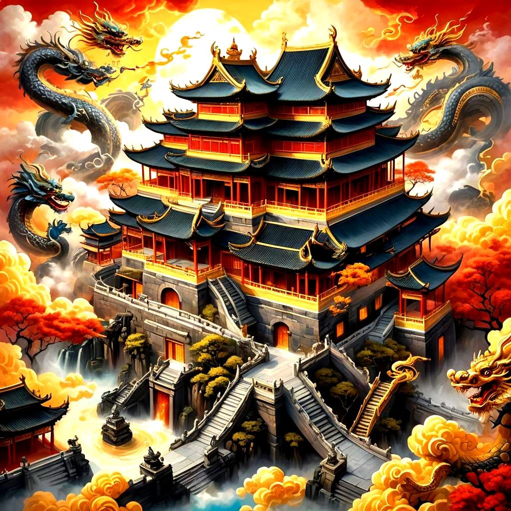 Ethereal Chinese Palace in Sky with Dragon: Dreamscape Art