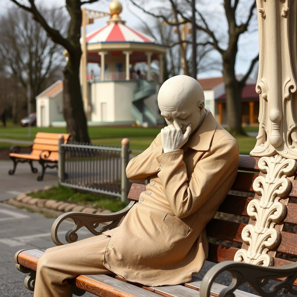 Sorrowful Stranger Contemplates in Amusement Park