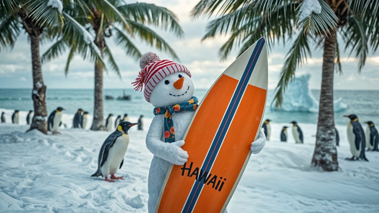 Snowy Hawaii Beach with Surfing Snowman