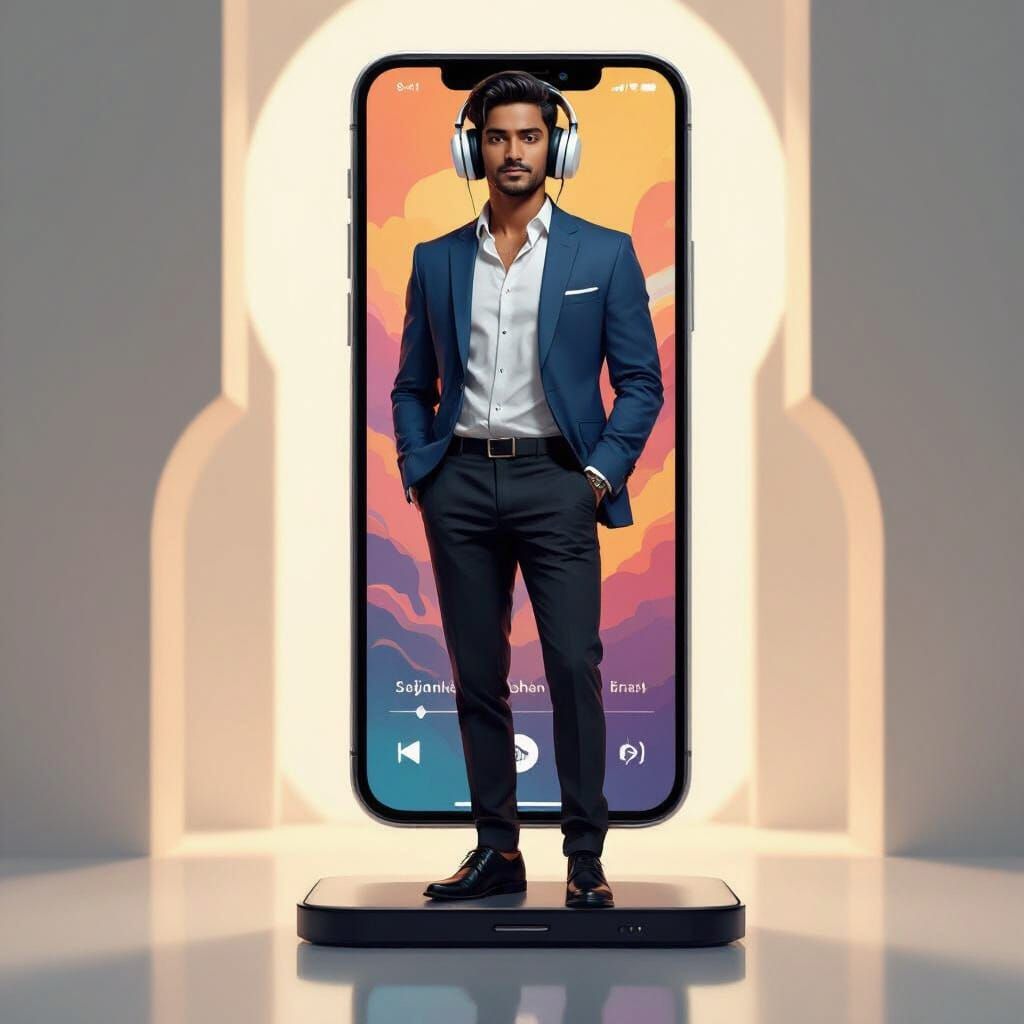 Man on Giant Smartphone in Digital Art Style