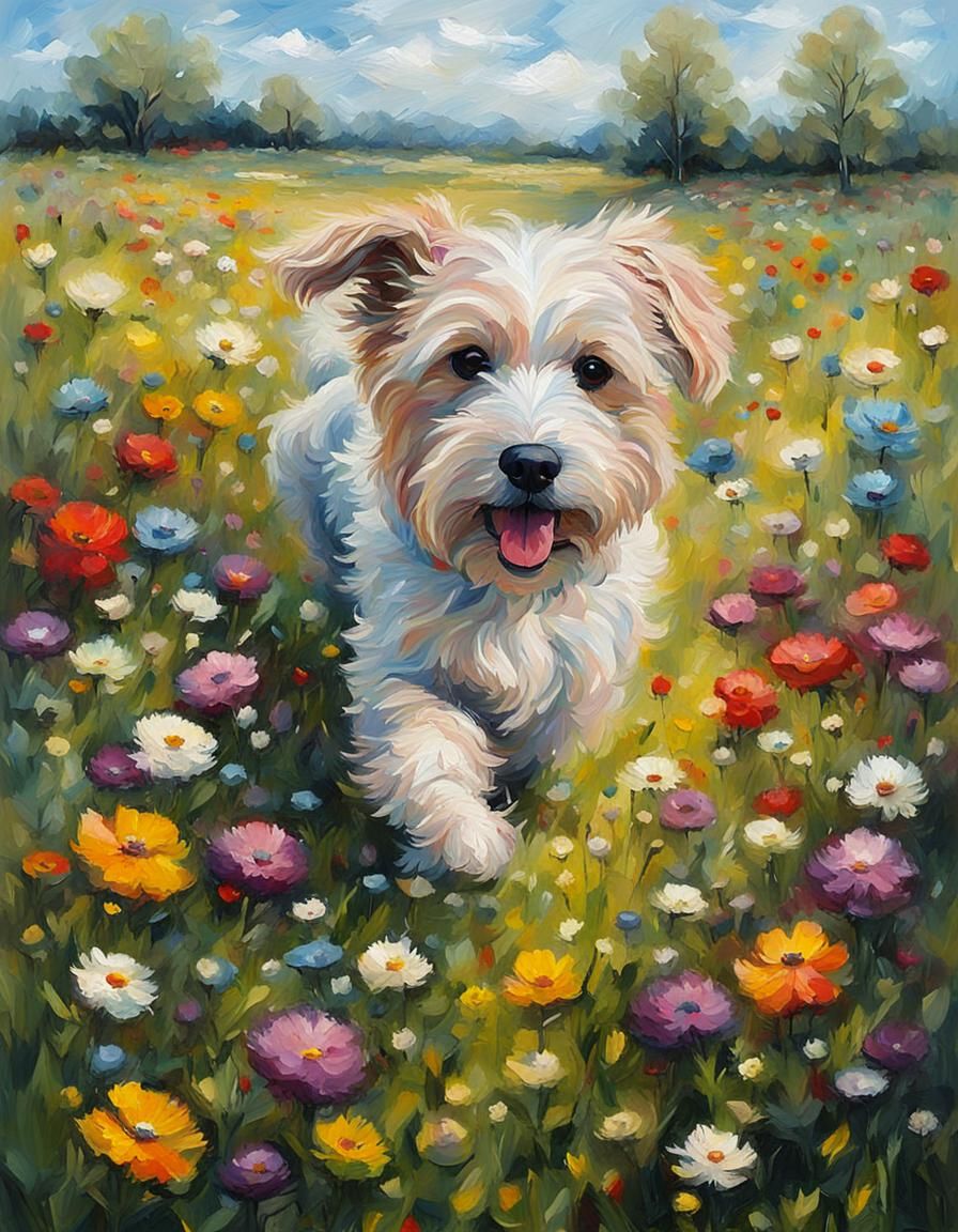 Dog Running in Wildflower Meadow Impasto Painting