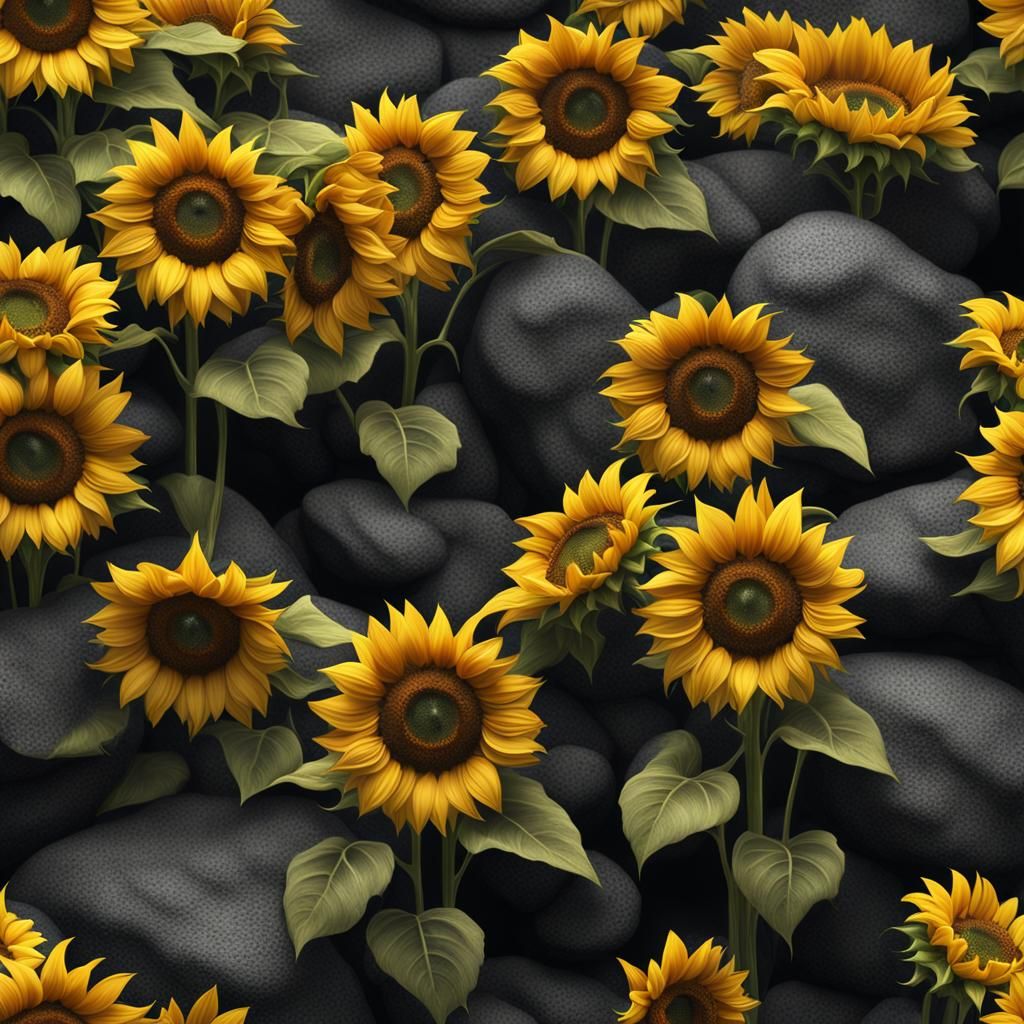 Vibrant Sunflowers on Black Rock: Digital Matte Painting