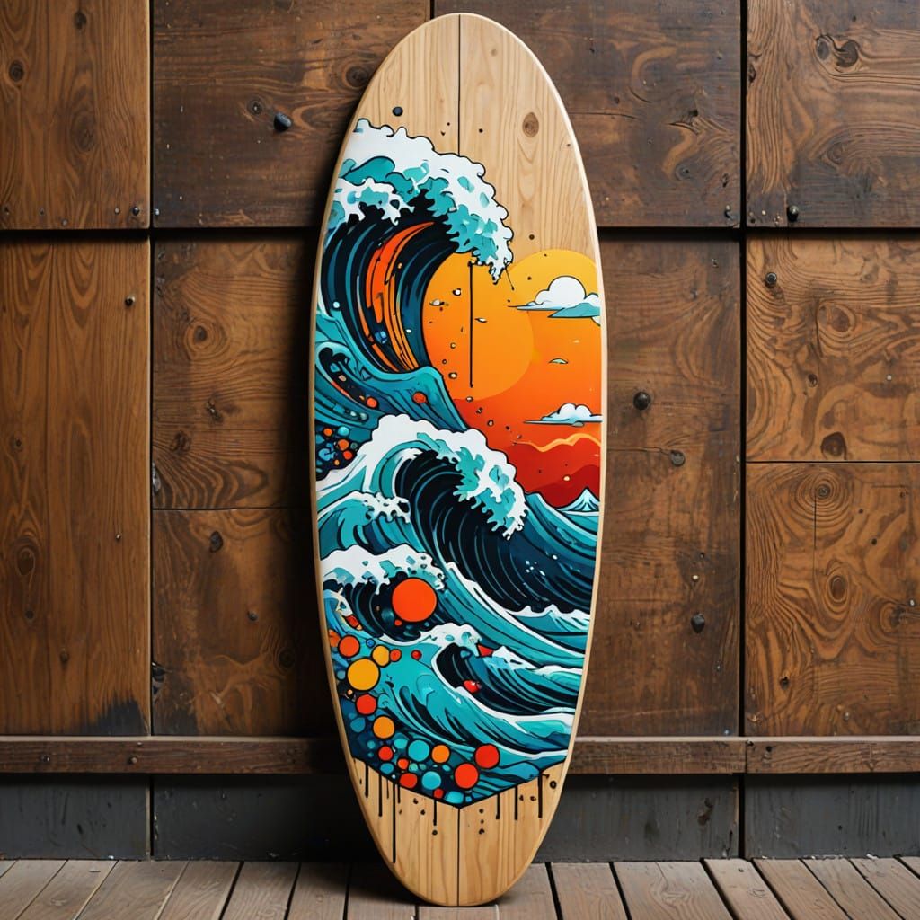 Street art on a wooden surfboard