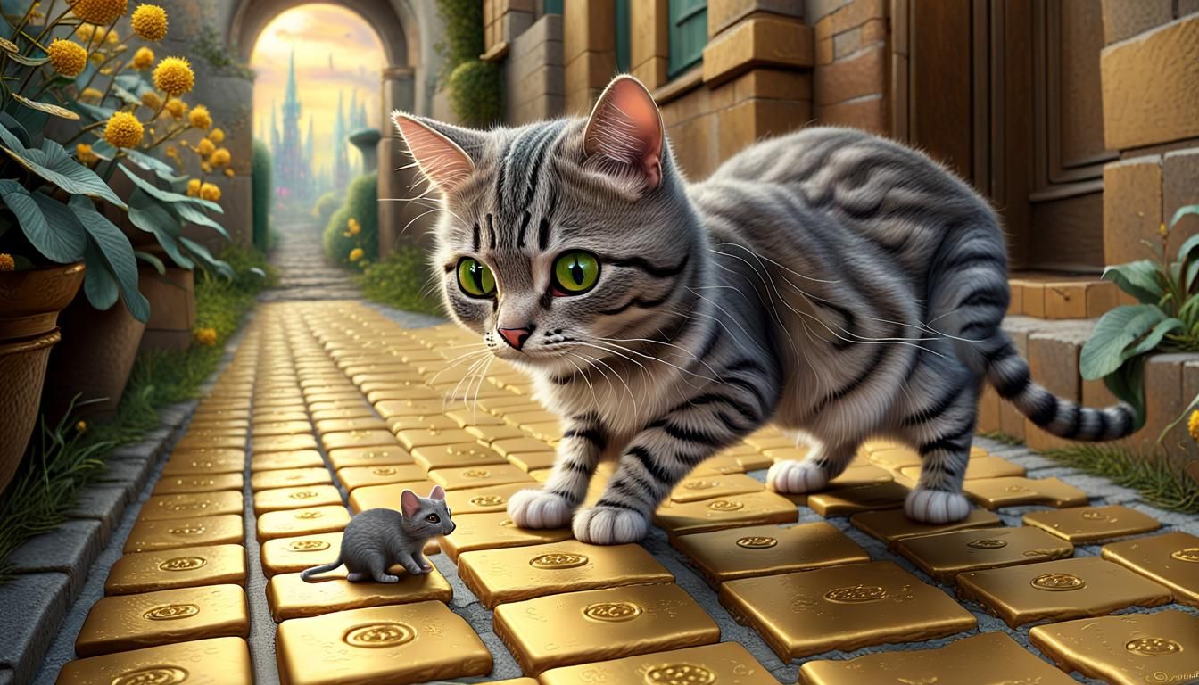 Tabby Cat's Wonderland Adventure in Art Nouveau Style