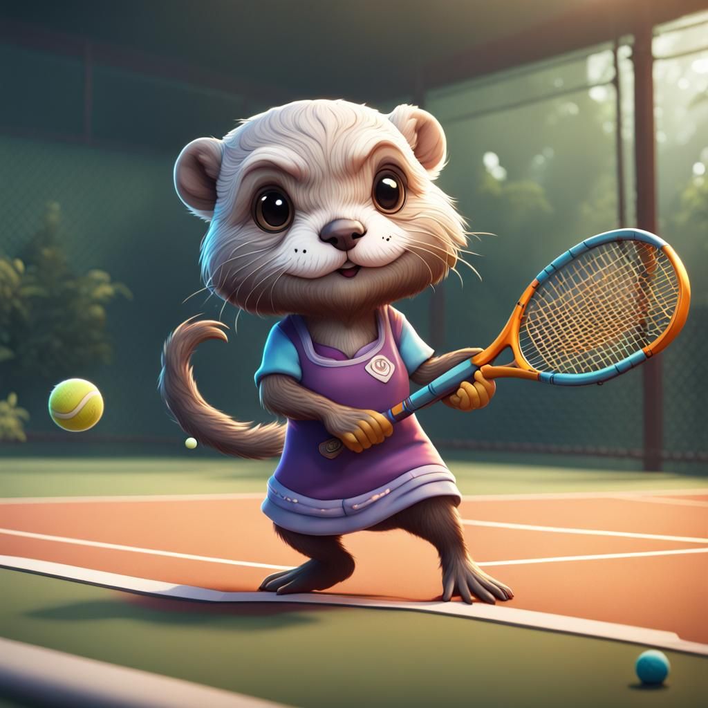 Chibi Otter Granny Plays Tennis: Matte Painting