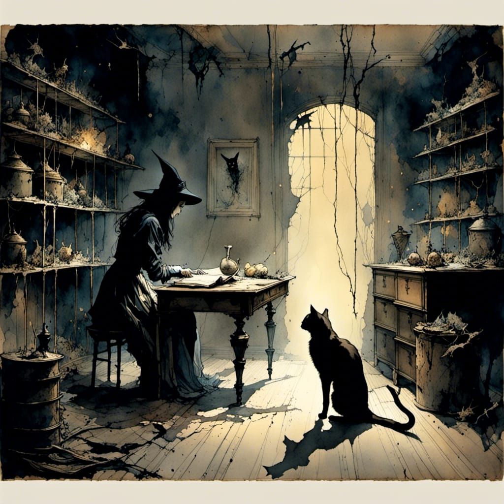Witch's Cat Stalks Tiny Demon in Dark Fantasy