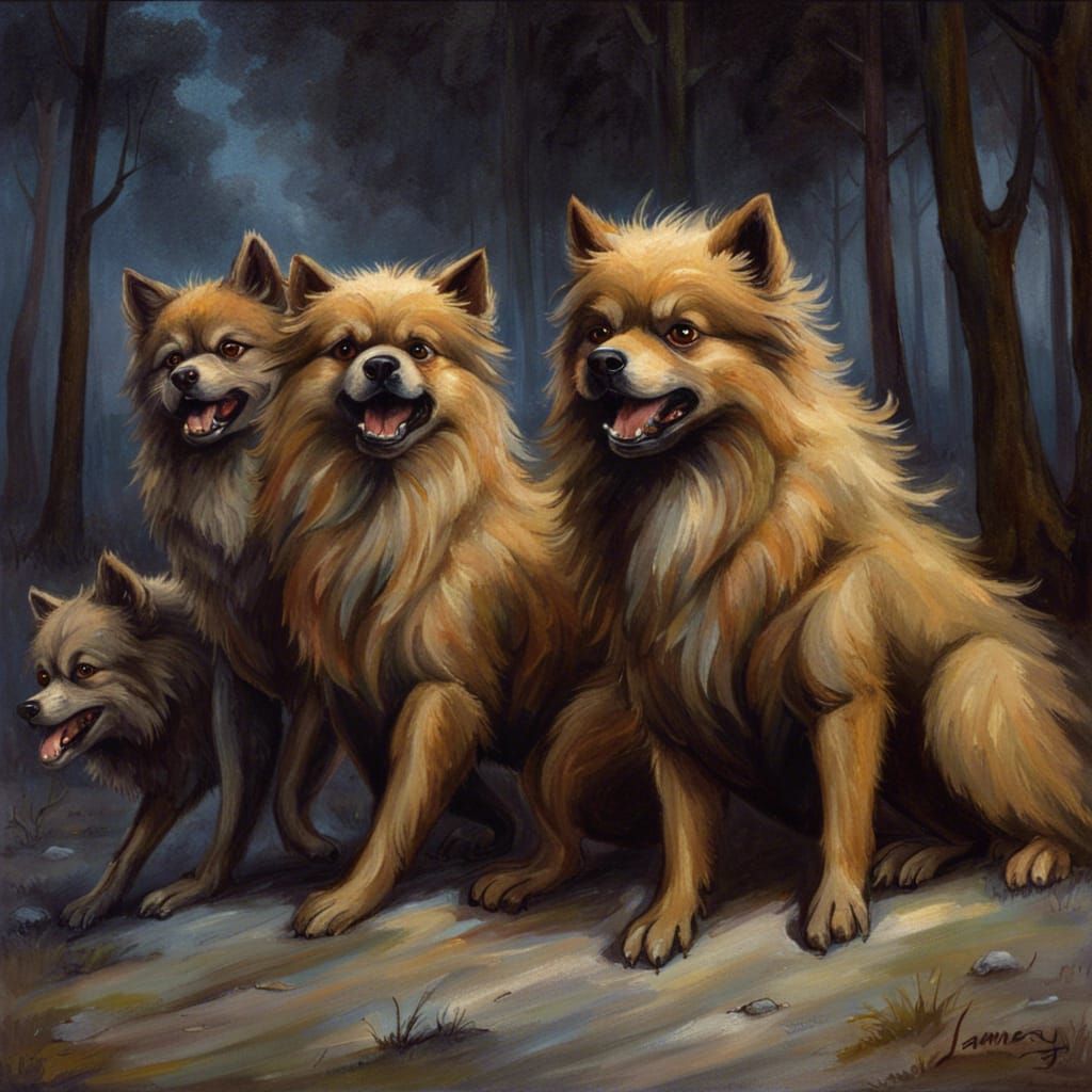 Pomeranian Werewolves in Oil Painting Style