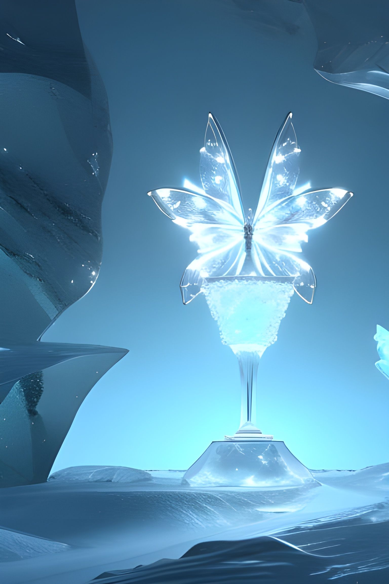Ethereal Ice Butterfly Statue in Hyperrealistic 3D