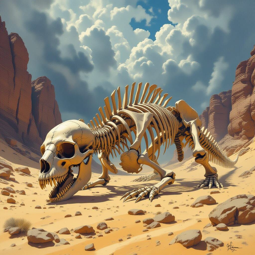 Colossal Fossilized Skeleton in a Desert Valley