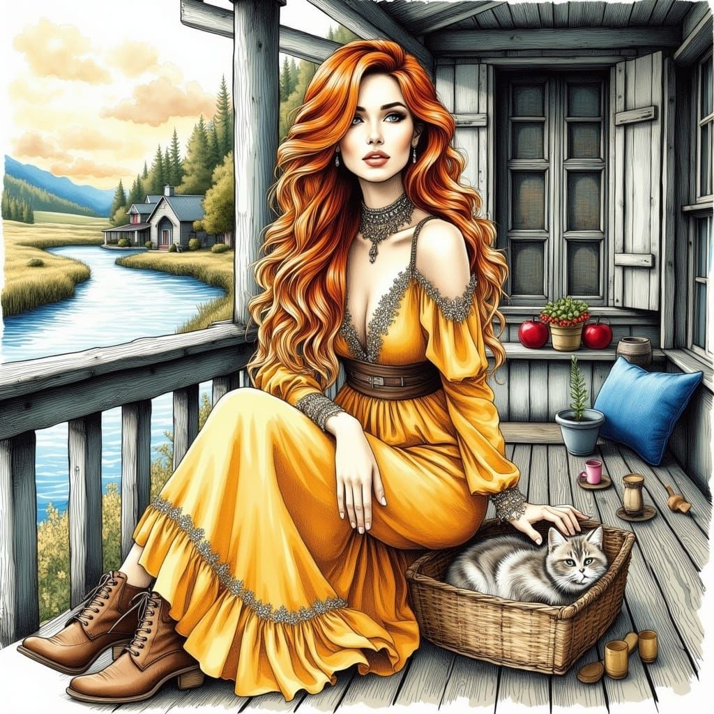 Woman in Boho Dress, Rustic River Scene, in Digital Ink Pain...