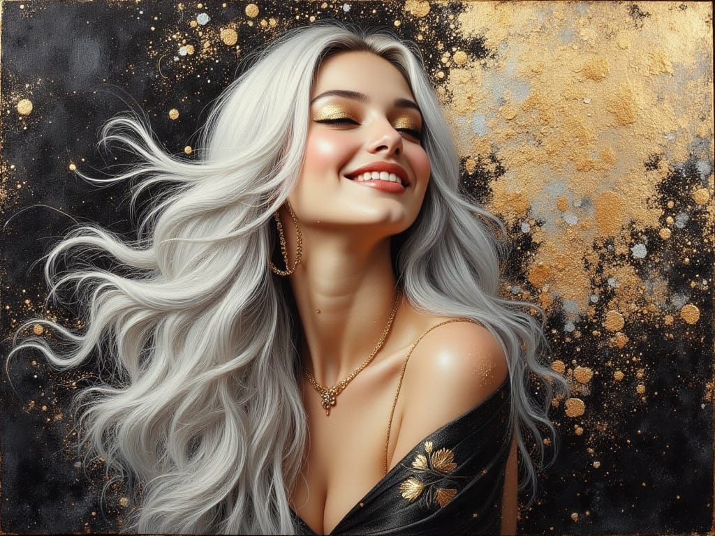 Elegant Woman Portrait in Silver, Gold, and Black