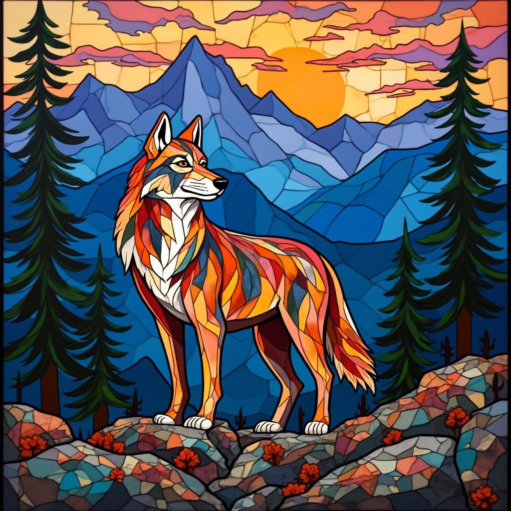 Wolf Amidst Geometric Mountain Landscape in Tribal Stained G...