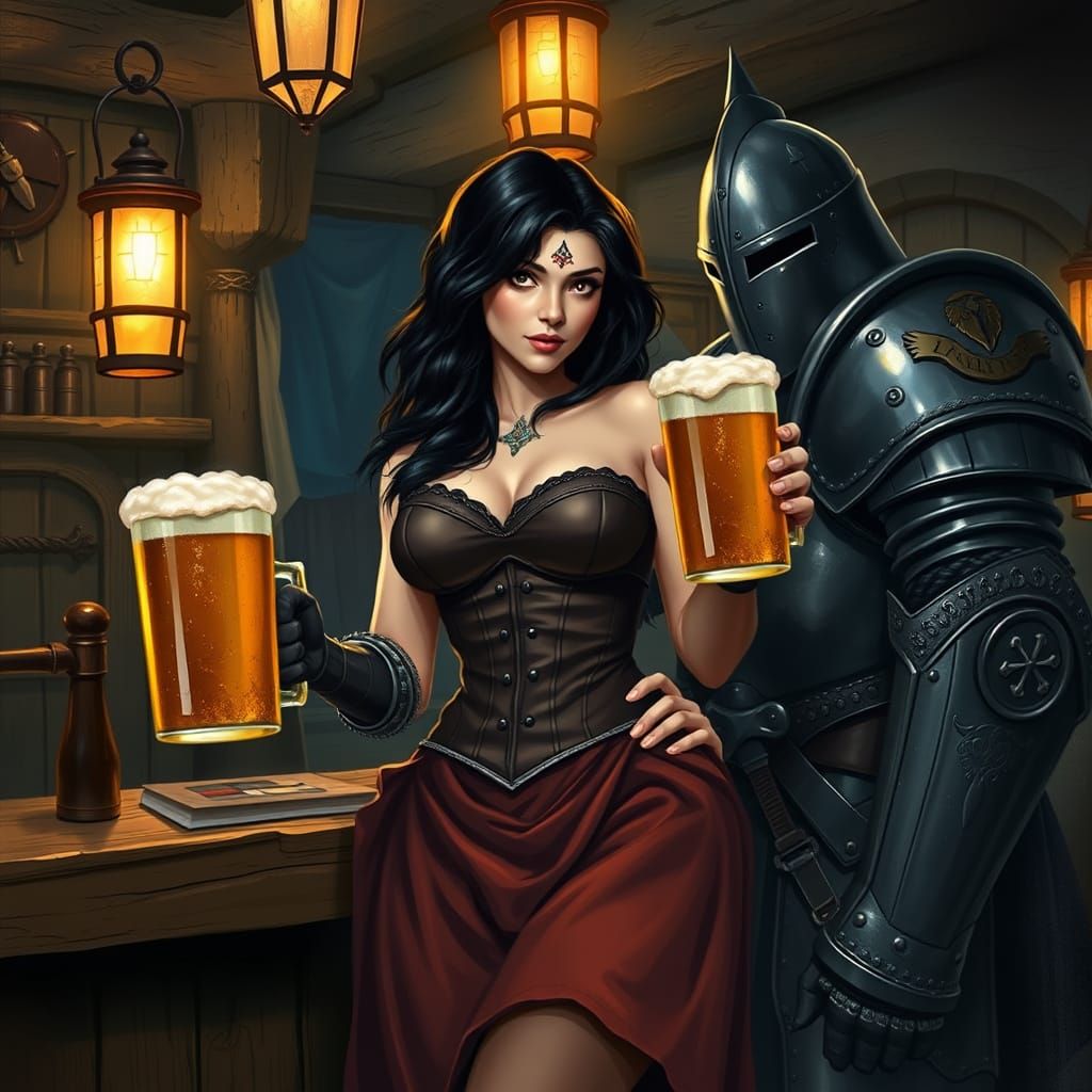 Confident Barmaid Illuminated by Lantern Light