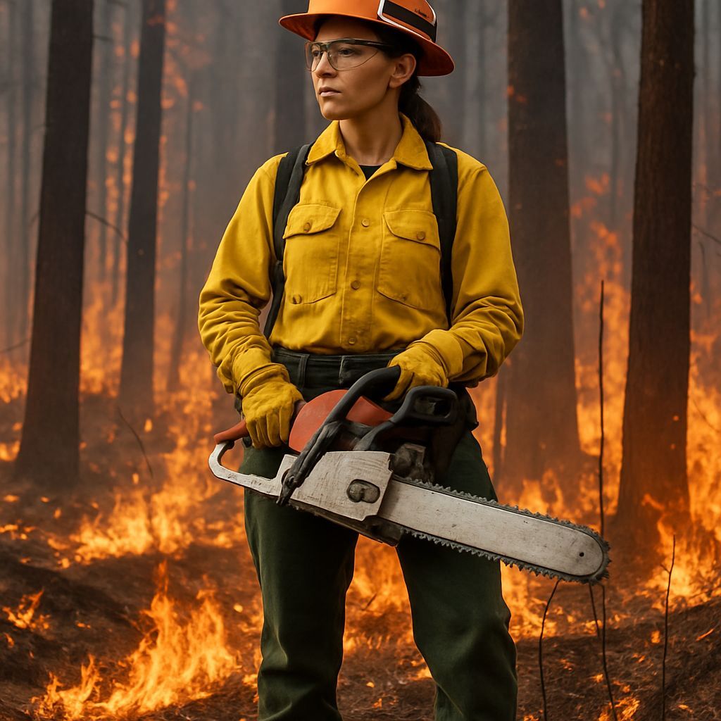 Forest Firefighter with Chainsaw in Burning Woods