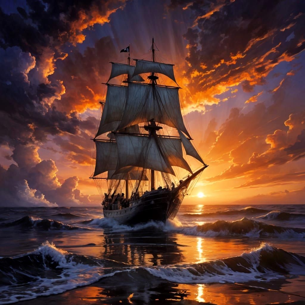 Schooner Sailing into Sunset on High Seas