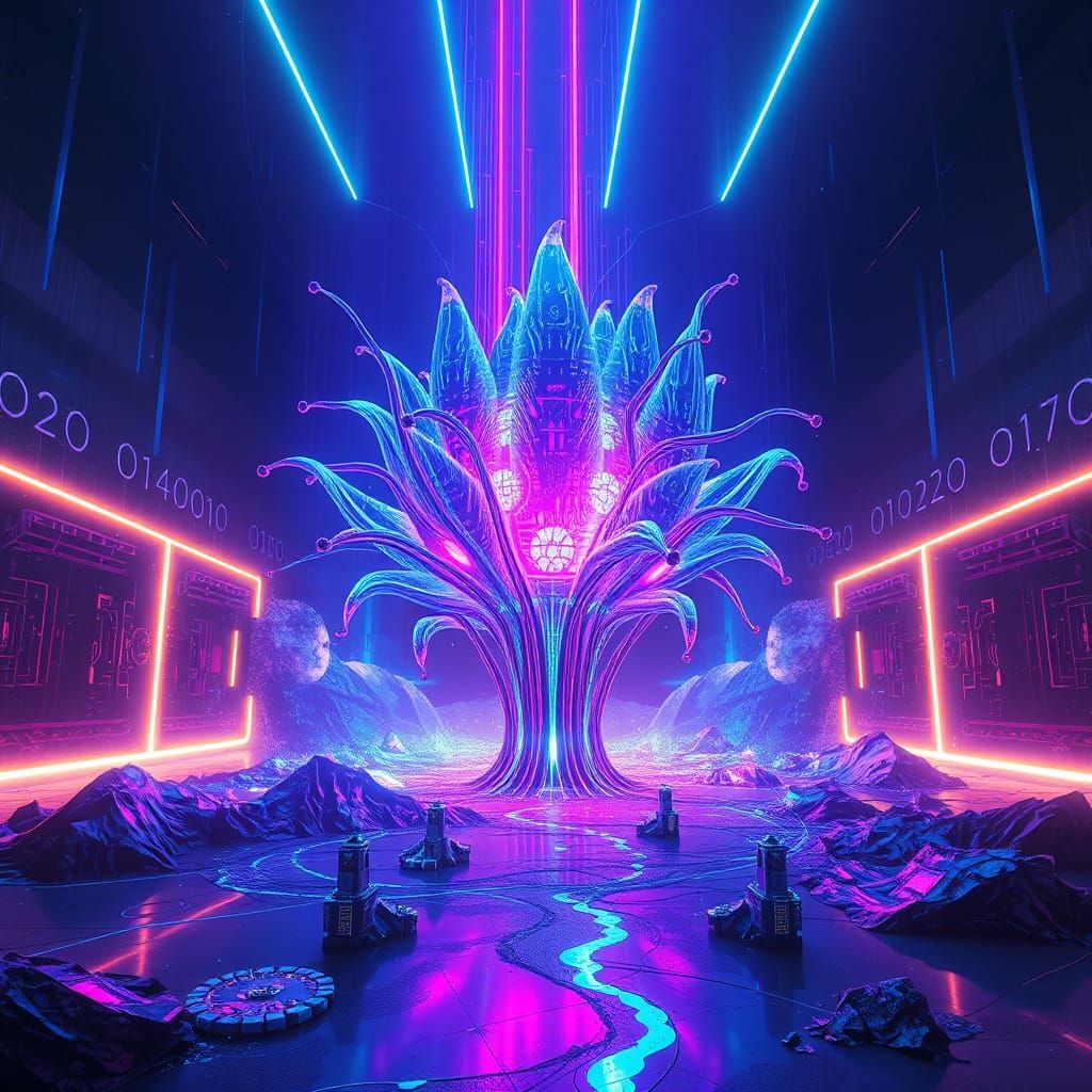 Futuristic Digital Bloom in Surreal Neon Landscape
