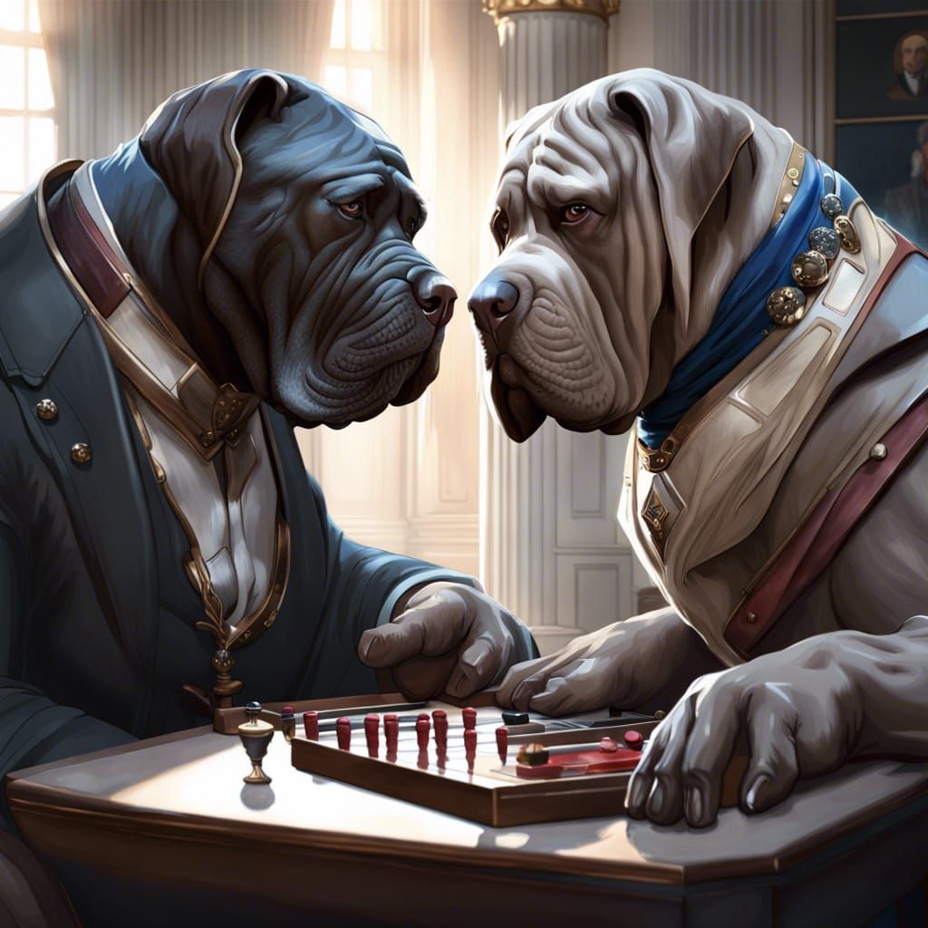 Neapolitan Mastiffs Play Backgammon, Art Nouveau Portrait