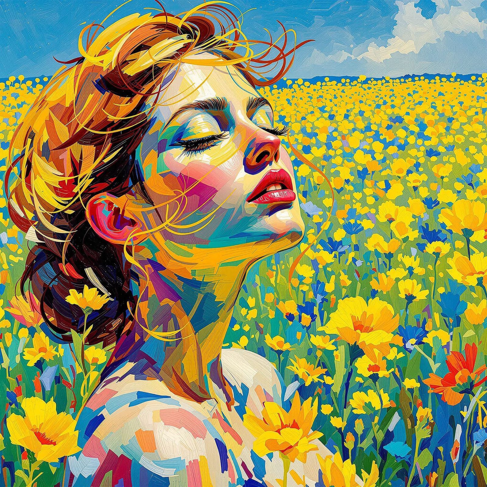 Woman in Wheat Field, Sunlit Skin, Expressive Brushstrokes